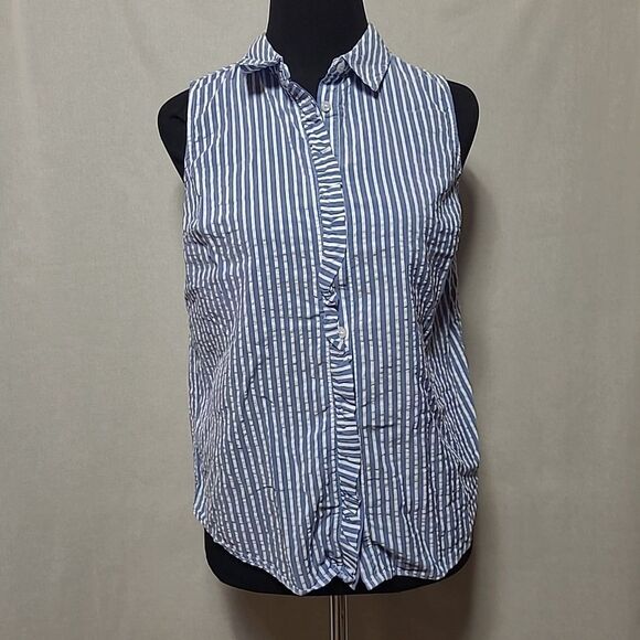 Elle Sleeveless Button Up Top Womens Size Small Blue White Stripe Ruffle - Picture 1 of 9